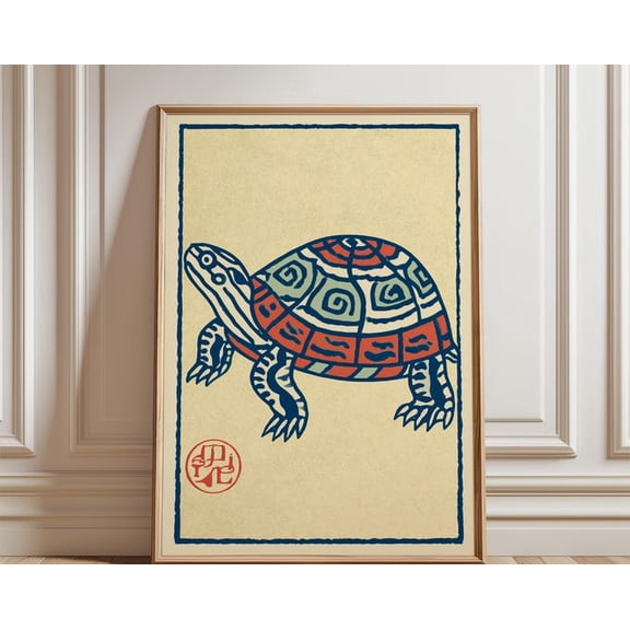 Tortoise Folk Blue Red Japanese Inspired Beige Border Animal Wall Art Print, Unframed Paper Poster 24x36in