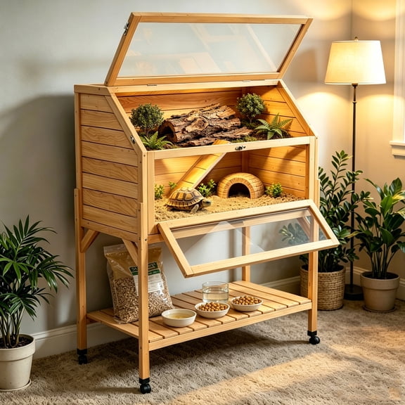 Tortoise Habitat Enclosure On Wheels Large Wooden 2-Tier Tortoise House with Storage Shelf Indoor Reptile Cage with Leakproof Tray