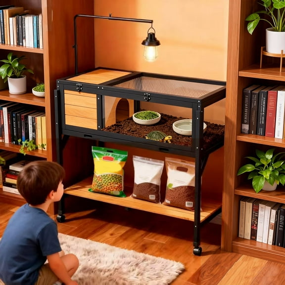 Tortoise Habitat On Wheels,Large Wooden Tortoise House with Bottom Shelf,Outdoor Reptile Cage with Leak-Proof Tray,Yellow