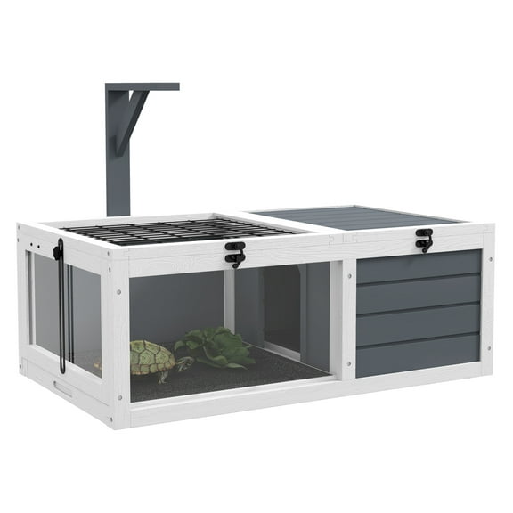 Tortoise Habitat, PawHut Wooden Tortoise House Indoor Outdoor Enclosure with Lamp Holder & Waterproof Trays, Openable Lids - Gray Gray + Wood