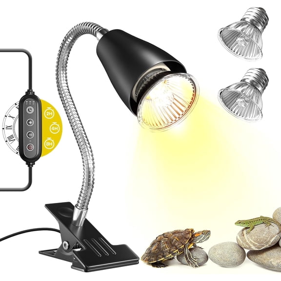 Tortoise Heat Lamp With Cycle Timer,360 Rotatable Reptile Heat Lamp With 2Pack 50W UVA/B Heat Bulb,4 Level Brightness Basking Light Fixture With Clamp For Turtle,Lizard,Bearded Dragon,Chick