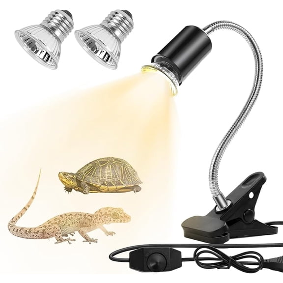 Tortoise Heat Lamp, Reptile Heat Lamp Tortoise Heat Light Basking Lamp With 2 * 50 W Bulbs, UVA UVB E27 Reptile Basking Lamp With 360° Swivel Clamp Stand For Turtle Snake Frog (White)