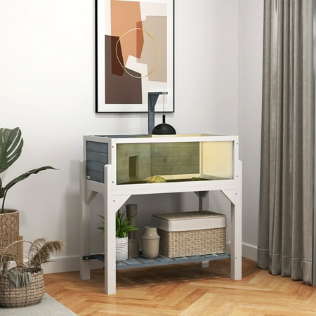 Tortoise House & Turtle Cage Enclosure with Basking Area, 2-Room Habitat with Viewing Windows, Lamp Holder, Easy Clean Tray & Storage Shelf, 33.3"L Fir Wood Terrarium