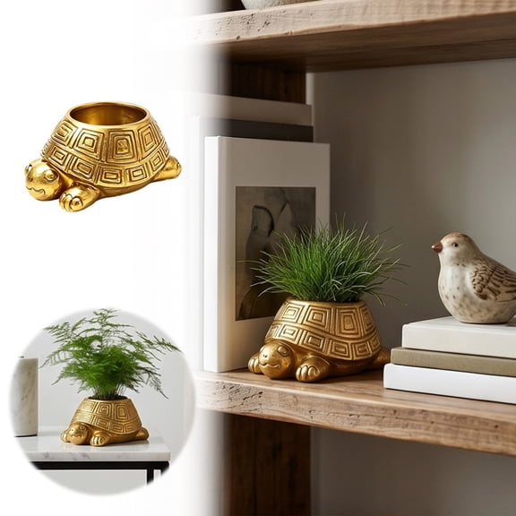 Tortoise Shaped Planter Resin Plant Pot Cute Succulent Container For Indoor Mini Plants(Gold-11.5X6.5Cm)