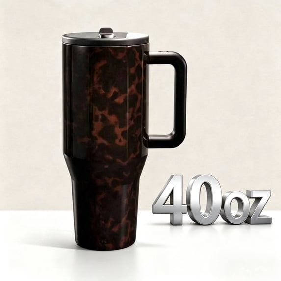 Tortoise Shell 40oz Traveler HandleStainless Steel Large Capacity.Thermos Cup Ergonomic DesignVacuum Insulated Leakproof WaterBottle Gifts for Women & Men.