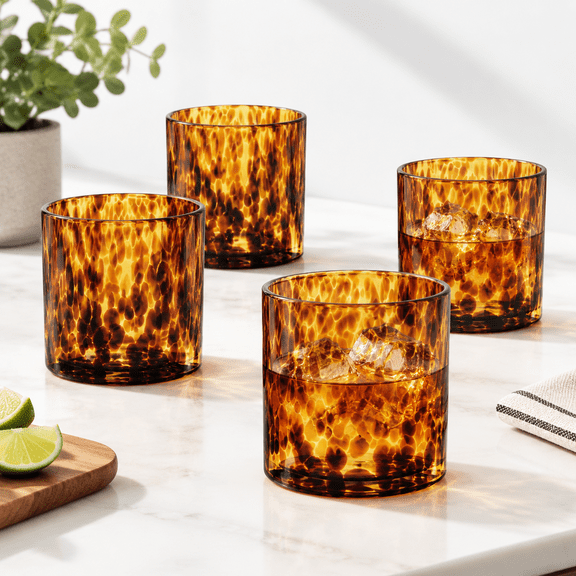Tortoise Shell Lowball Glass Set of 4, 10.15 Oz Borosilicate Cocktail Glasses