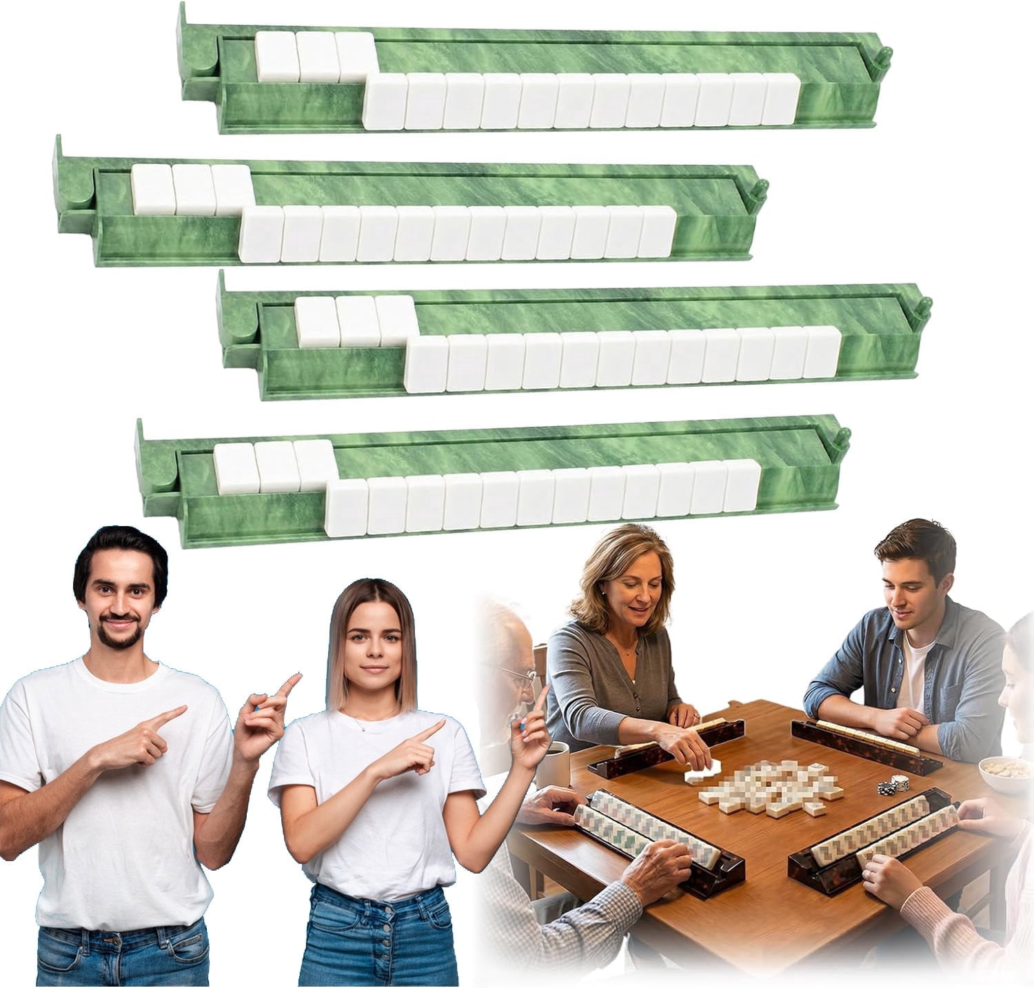 Tortoise Shell Mahjong Racks with Pushers, 17.5 Inch Extended Acrylic Majiang Tile Holder Set of 4, Non-Slip American Style Tabletop Accessories for Daily Tile Building (4PCS)
