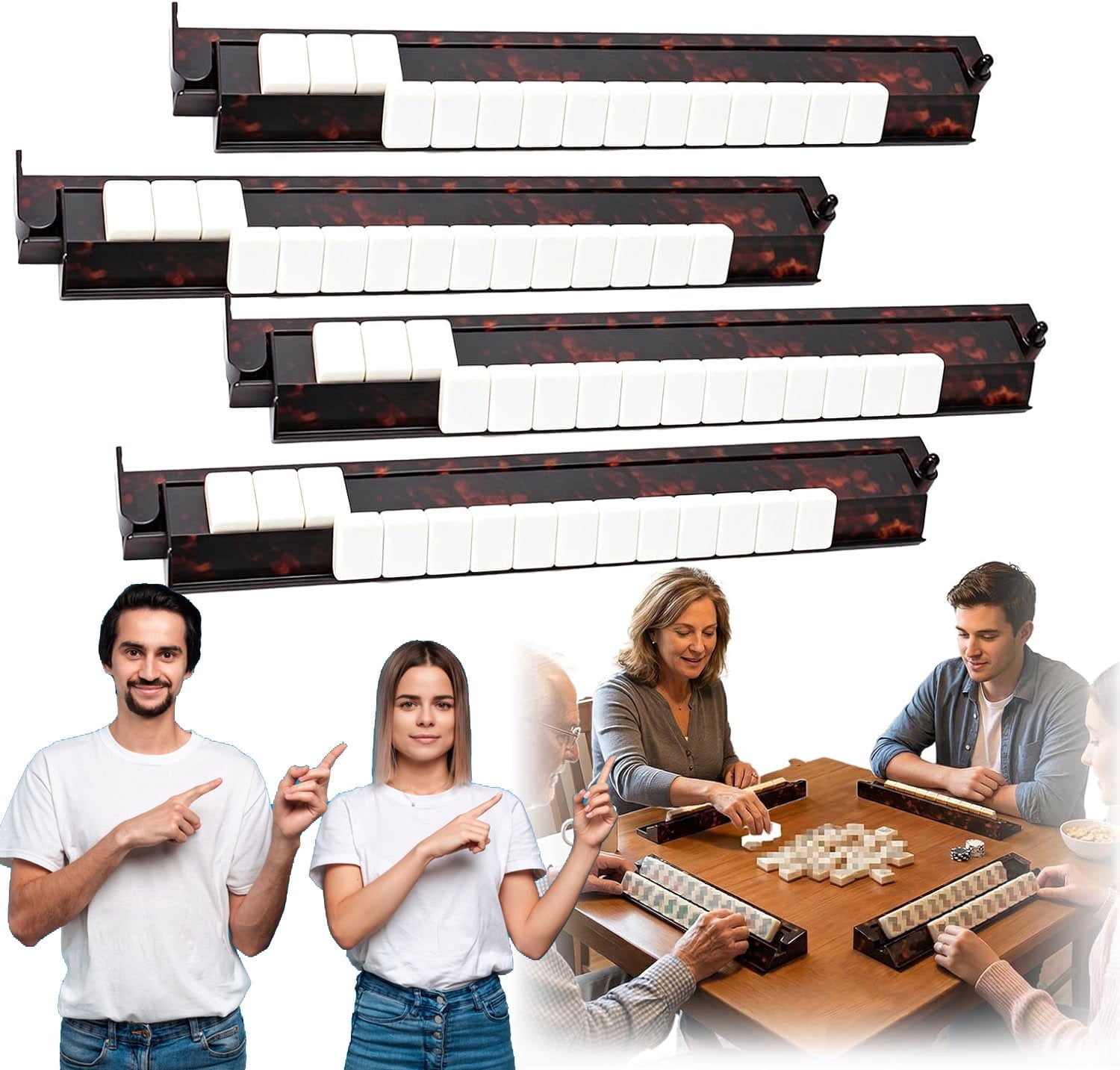 Tortoise Shell Mahjong Racks with Pushers, 17.5 Inch Extended Acrylic Majiang Tile Holder Set of 4, Non-Slip American Style Tabletop Accessories for Daily Tile Building (4PCS)