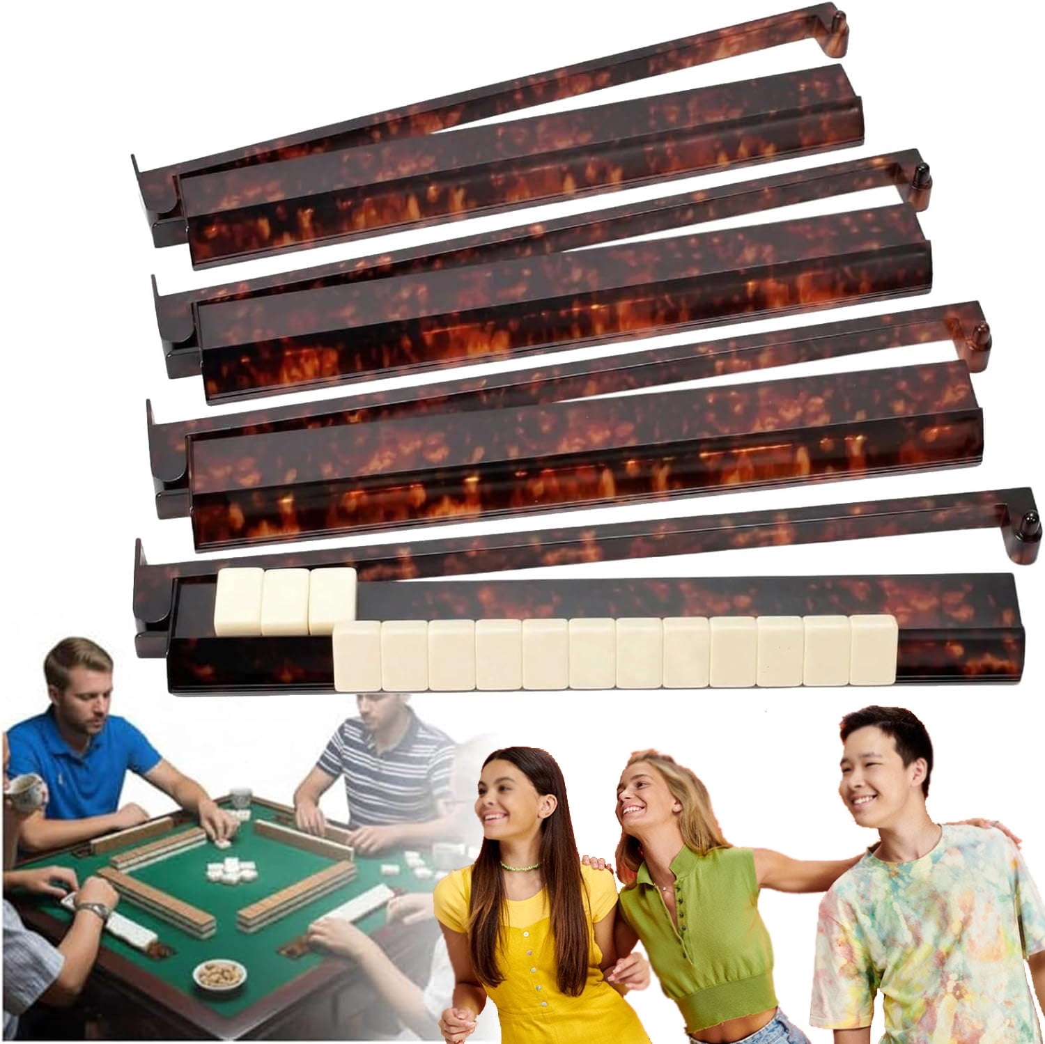 Tortoise Shell Mahjong Racks with Pushers Set , Acrylic Tortoise Mahjong Racks Extended 17.5 Inch Tile Holders, Smooth Sliding Pushers for American Mahjong Game Accessories (4PCS)