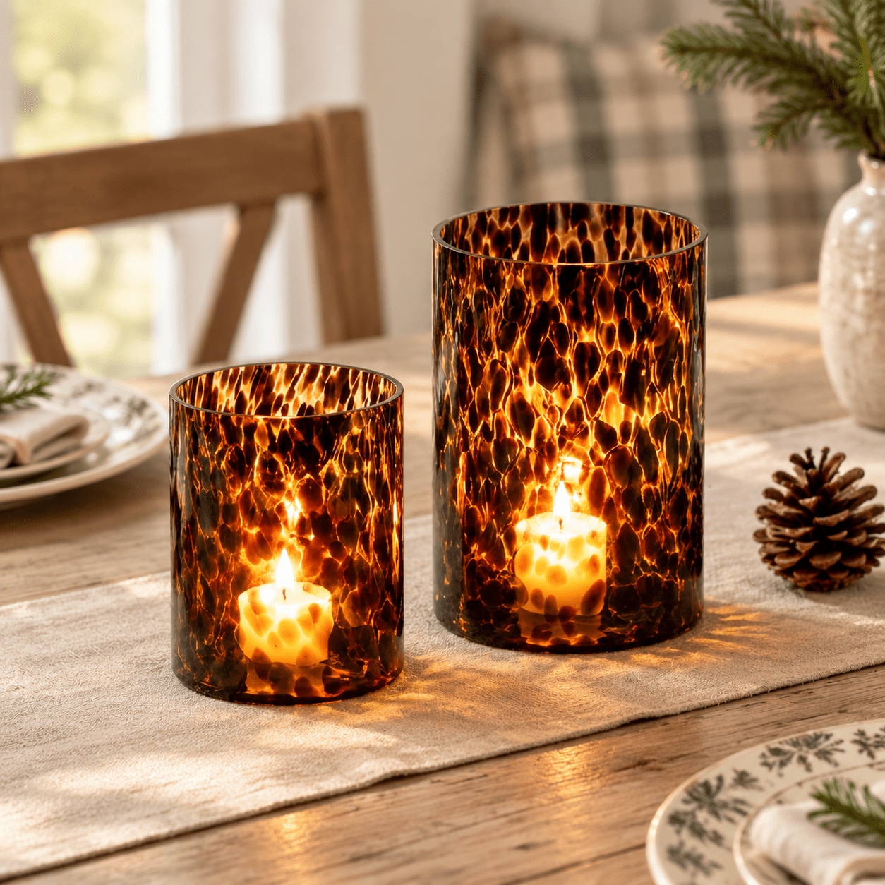Tortoise Shell Print Glass Hurricane Candle Holder Set, 2 Sizes ...