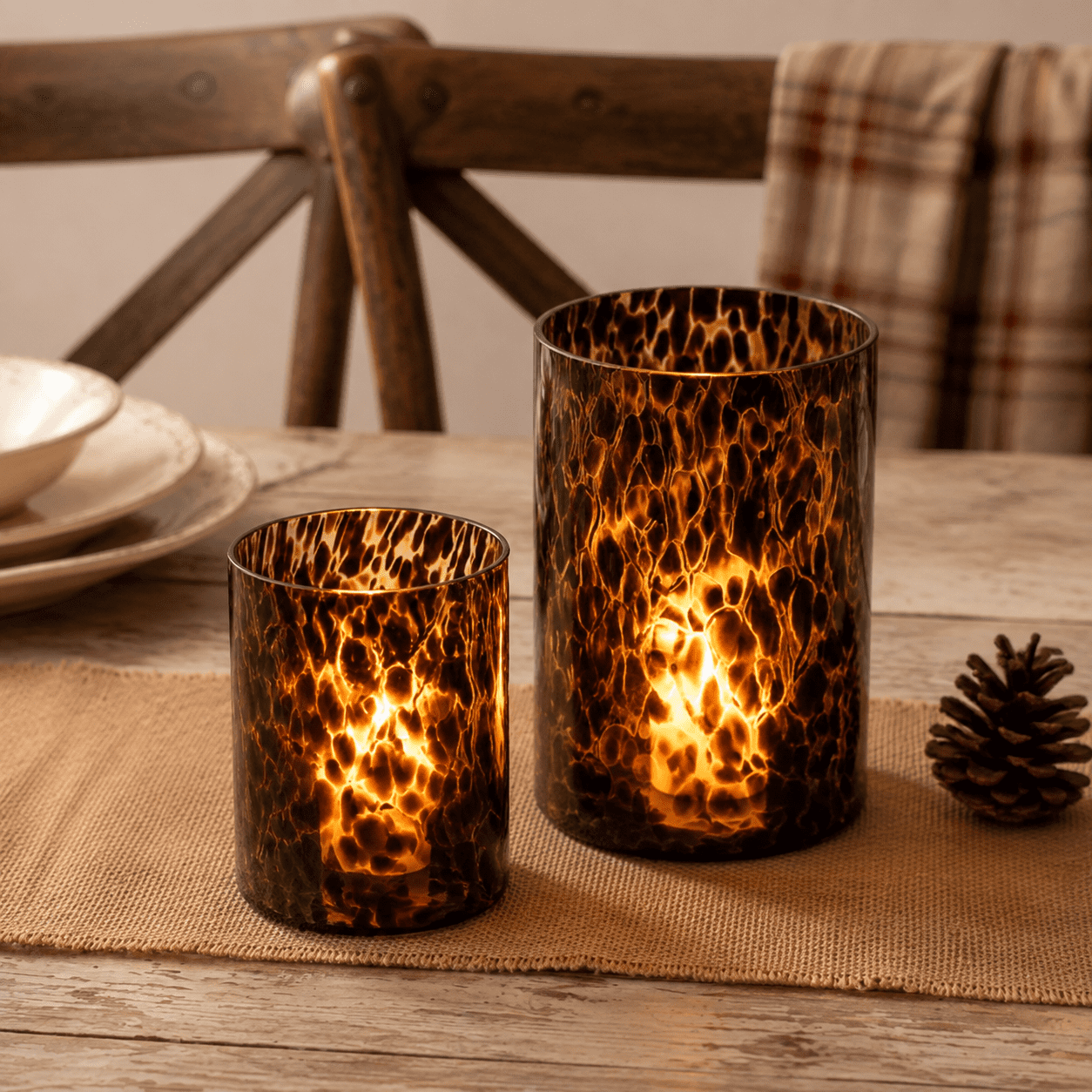Tortoise Shell Print Glass Hurricane Candle Holder Set, 2 Sizes ...