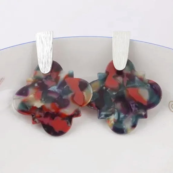 Tortoise Shell Quatrefoil Floral Statement Earrings with Bras Bar for Women