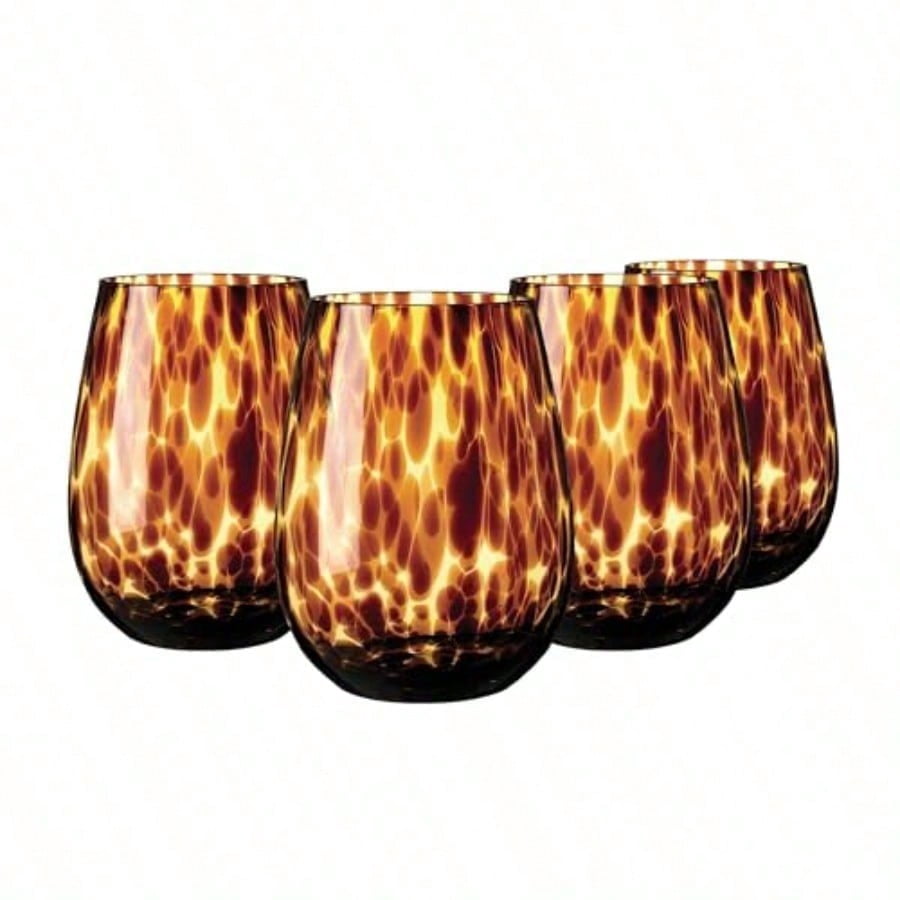 Tortoise Shell Steml Wine and Water Glass Set of 4 16.91 oz Borosilicate Tumblers Durable Lead-Free Dishwasher Safe Gift Box Packaged