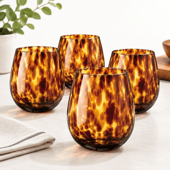 Tortoise Shell Stemless 16.91 Oz Borosilicate Wine & Water Glass Set of 4
