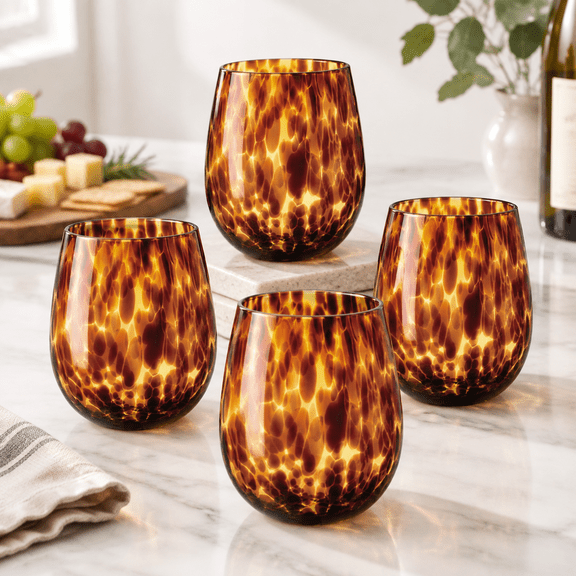Tortoise Shell Stemless 16.91 Oz Wine & Water Glass Set of 4
