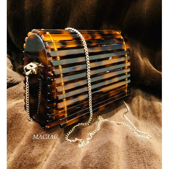 Tortoise Slatted Fold Over Polished Resin Clutch Purse/W Chain