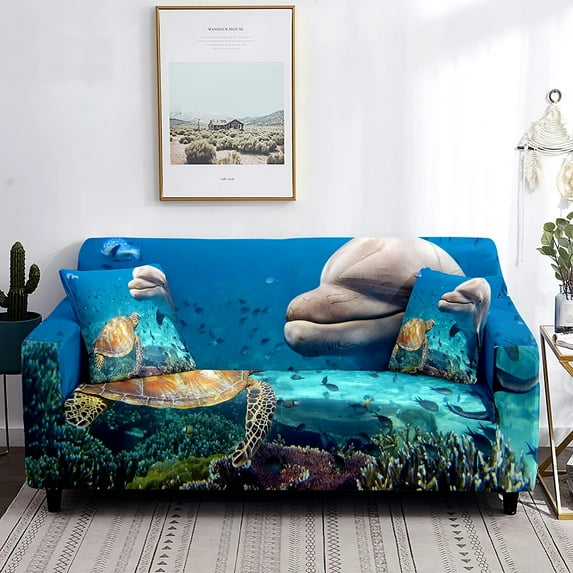 Tortoise Sofa Cover Oasis Animal Theme Decoration Stretch Couch Slipcovers Non Slip Washable Furniture Protector for Living Room