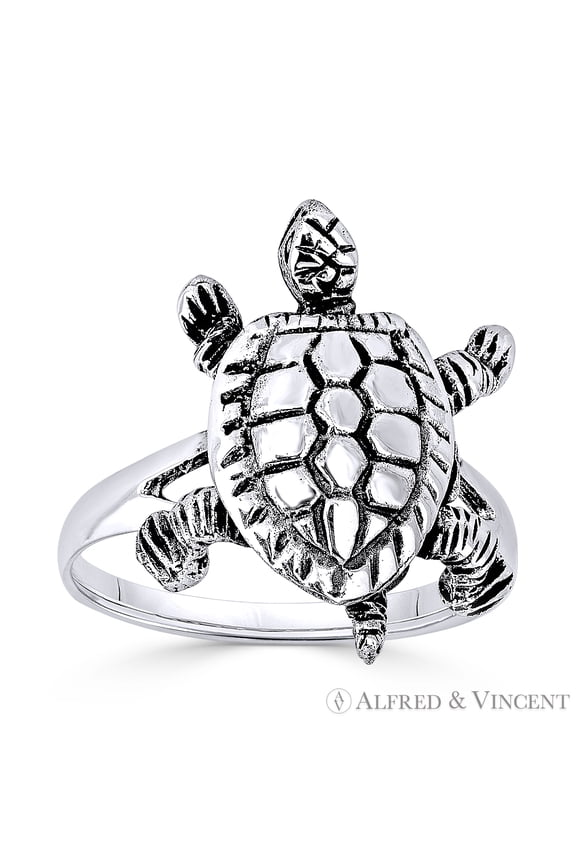 Tortoise / Turtle Animal Charm Right-Hand Ring in Oxidized .925 Sterling Silver