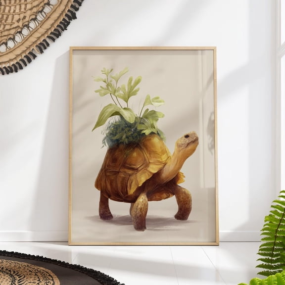 Tortoise Turtle Botanical Print Whimsical Animal Terrarium Decor, Unframed Canvas 8x10in
