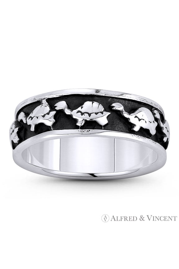 Tortoise / Turtle Charm Spirit Animal Charm Right-Hand Eternity 6.5mm Ring / Band in Oxidized .925 Sterling Silver