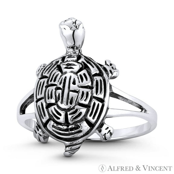 Tortoise / Turtle Spirit Animal Charm Right-Hand Stackable Boho Ring in Oxidized .925 Sterling Silver