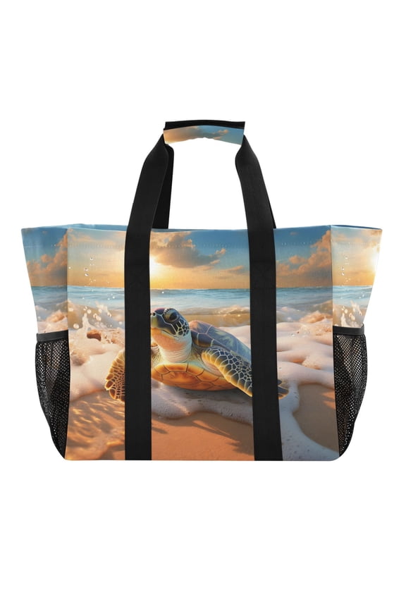 Tortoise Turtle on Beach Reusable Grocery Bags with Handle Side Pocket Waterproof Shopping Portable Tote