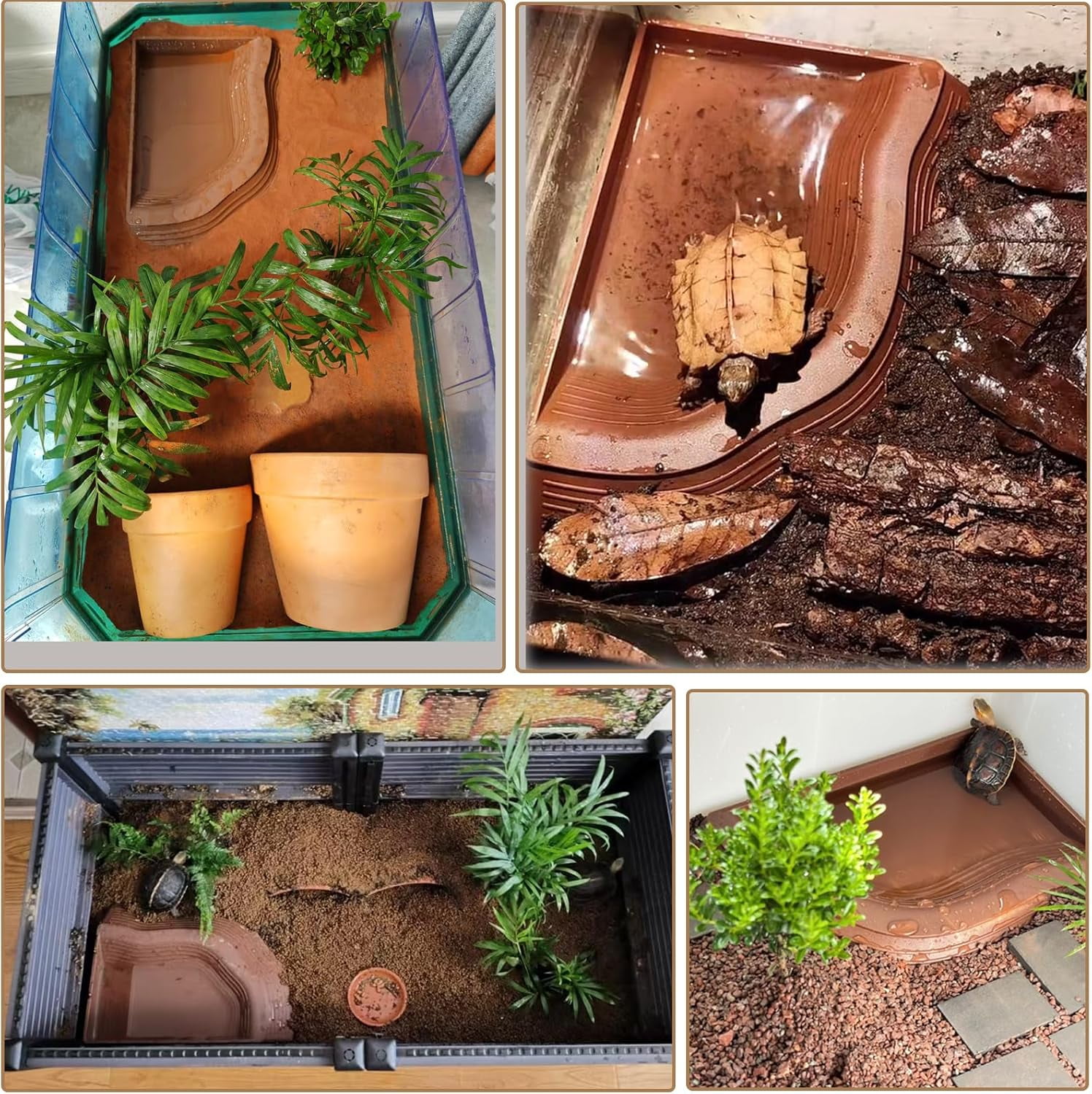 Tortoise Water Bowls with Ramp Leaf Reptile Food Dish Bathing Pool Aquarium Ornament for Gecko, Snake, Turtle, Bearded Dragon, Lizard