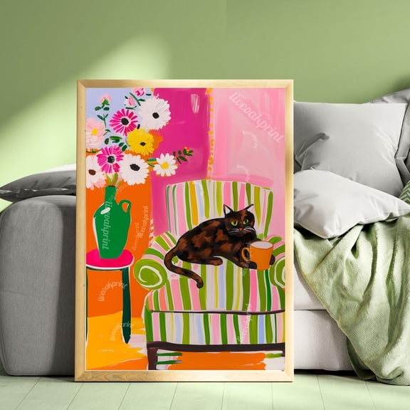 Tortoiseshell Cat Coffee Print Colorful Living Room Art Coffee Lover Gift Pink Green Orange Tortie Cat Owner Maximalist Decor