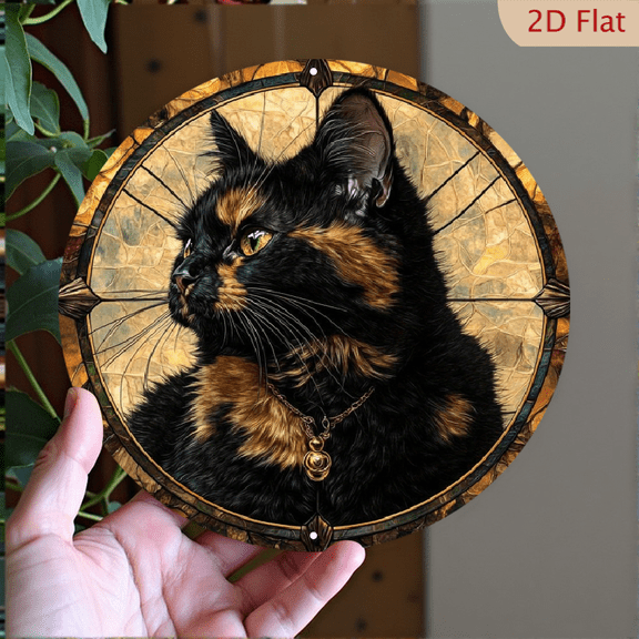 Tortoiseshell Cat Portrait with Ornate Frame Round Aluminum Sign - Cat Lover Wall Decor, 1pc, 8" Wall Art Metal Sign, For Office, Cafe, Bedroom, Room, Home, Ideal Gift, Weather Resistant, 2D Flat