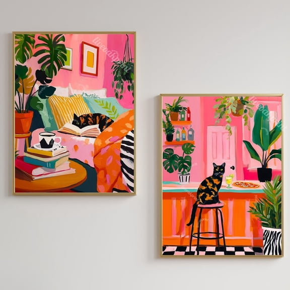 Tortoiseshell Cat Print Cozy Pink Bedroom Kitchen Art Book Lover Gift Tortie Cat Owner Plant Decor Maximalist Wall Art Set 2