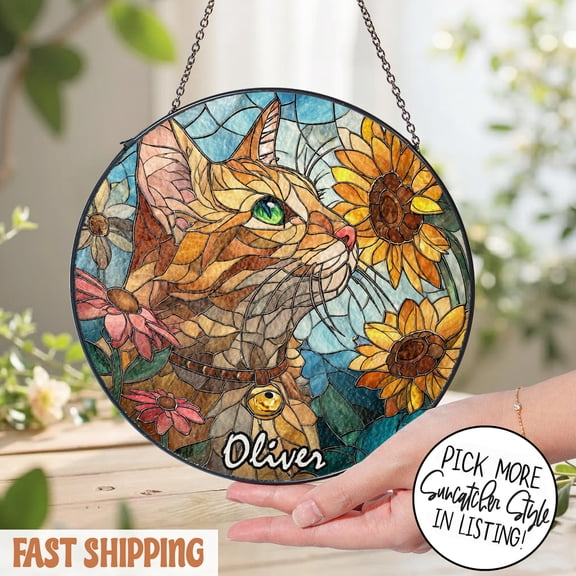 Tortoiseshell Cat Stained Glass Panel - Decorative Window Hanging | Yellow Floral Design | Artistic Home Decor | For Cat Lovers | Cat Mom Gift | Pet Memorial Wall Art