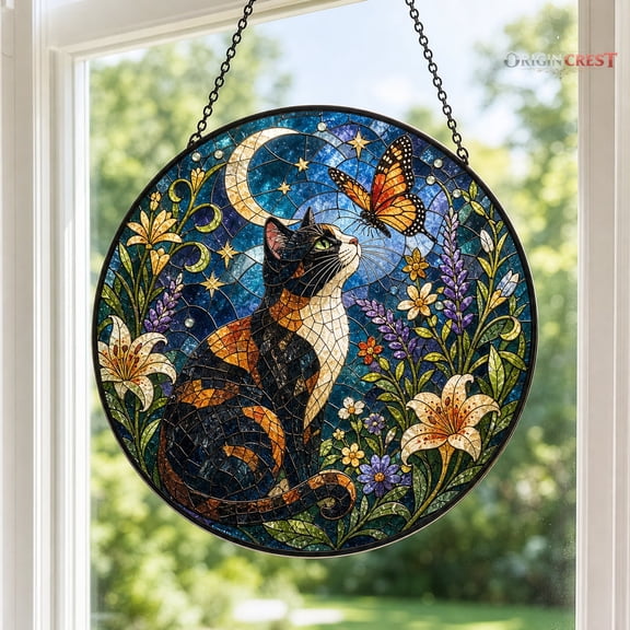 Tortoiseshell Cat Suncatcher with Floral Garden Design - Stained Glass Hanging Window Decor Gift