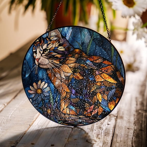 Tortoiseshell Cat in Flower Glass Suncatcher, Cat Mom Decor, 7.9 in