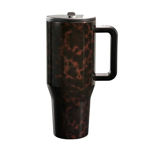 Tortoiseshell Fashion Travel Cup with Handle, 40oz Capacity, Christmas Gift Stainless Steel Tumbler with Leak-Proof Lid, Christmas Gift & Stylish, Ideal for Home, Office, Travel Use
