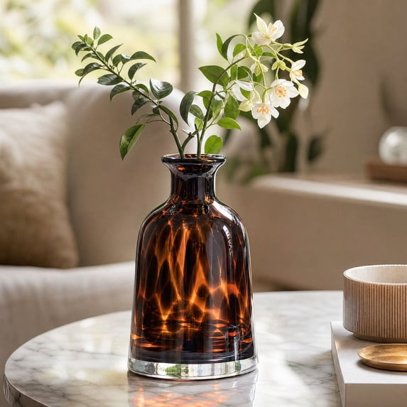 Tortoiseshell Glass Vase - Modern Blown Art Flower Vase Centerpiece(Black-B)