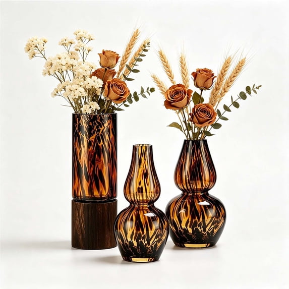 Tortoiseshell Glass Vase with Wood Base, Brown Leopard Print Decorative Vase for Dried Flowers, Fall Table Centerpiece Decor for Home Living Room Shelf