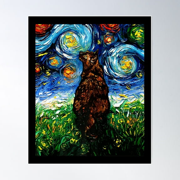 Tortoiseshell Tortie Starry Night Kitty Cat Art By Aja Poster Wall Art, Modern Wall Decor For Living Room Bedroom, 8x12 UNFRAMED