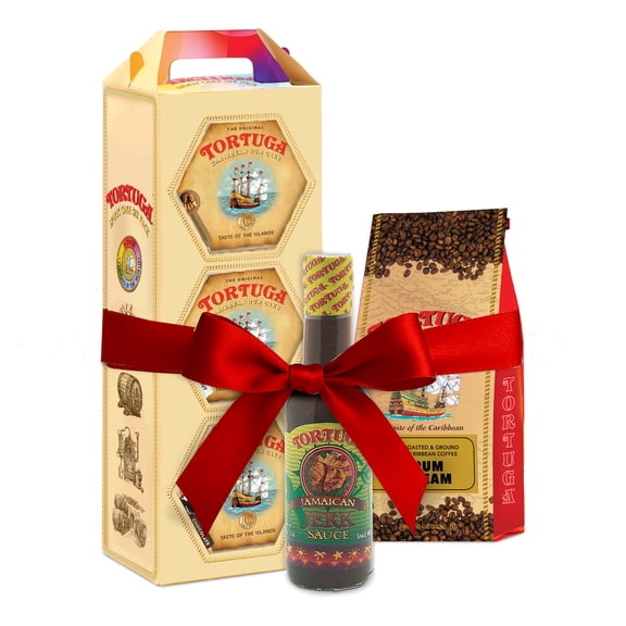 Tortuga 1 Caribbean 4oz Variety 6pck + 1 Jerk Sauce + 1 Bag Rum Cream Coffee