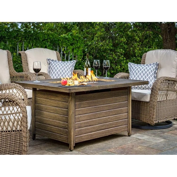 Brown Aluminum Gas Fire Pit Table with Woodgrain Finish