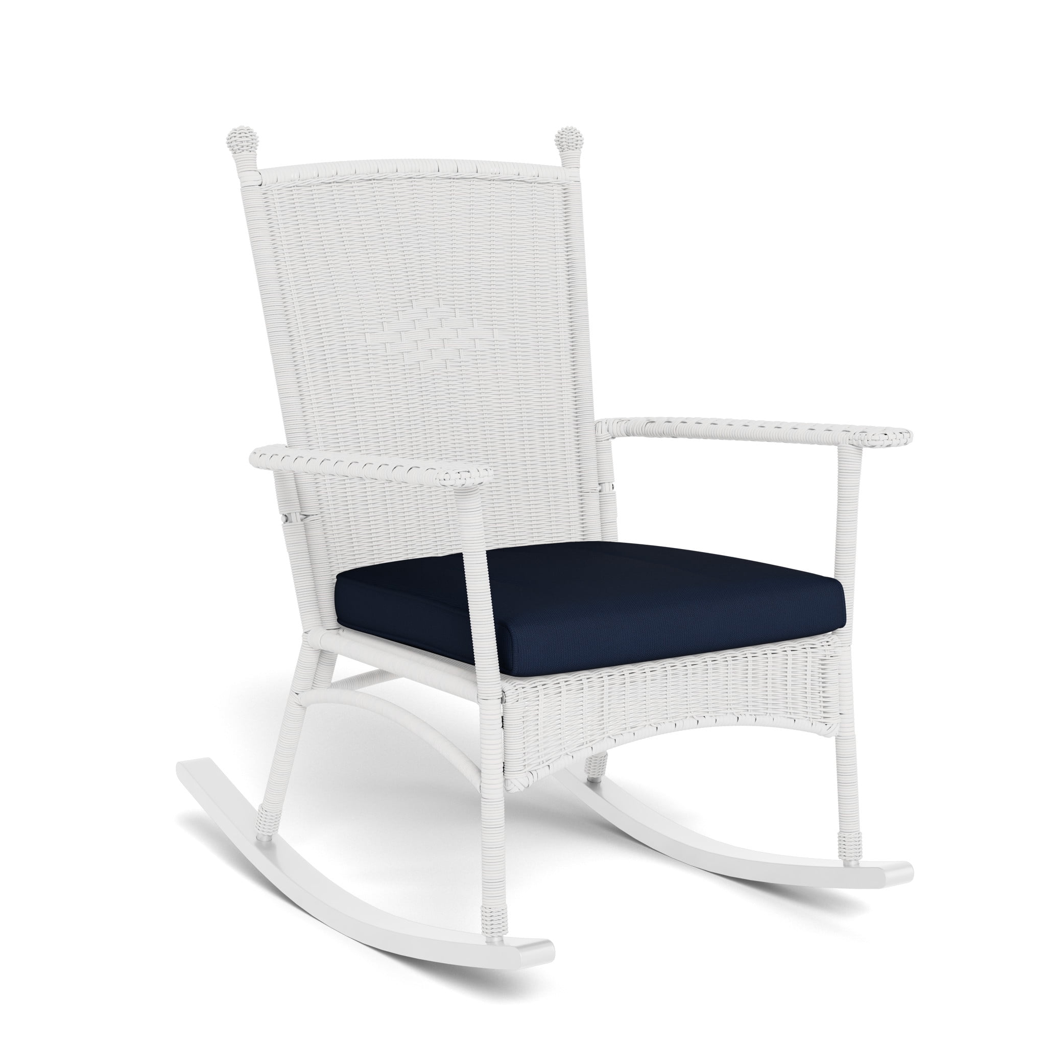 Portside Coastal White Wicker Rocking Chair with Navy Cushion