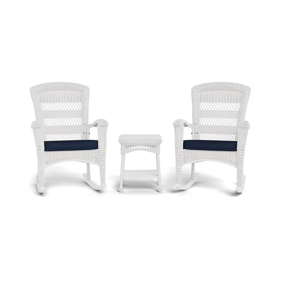 Tortuga Outdoor Portside Plantation Rocking Chair 3 Piece Set - White w/ Navy Cushion
