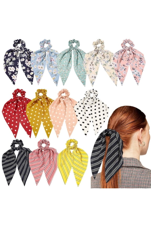 Hair Scarf Scrunchies 12Pcs Chiffon Hair Scarves Ribbon Scrunchies Ponytail Scarf Scrunchies Hair Ties Bowknot Ponytail Holder for Women Girls