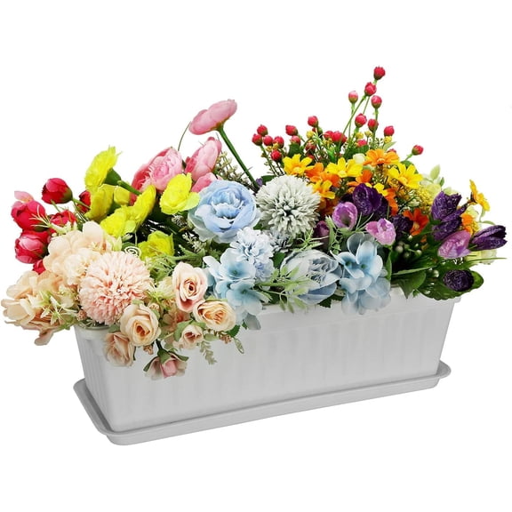 GIXUSIL 3 Pack 17 inches White Flower for Window Box Premium Plastic Vegetable Planters with Trays Vegetables Growing Container Garden Flower Plant Pot for Balcony, Window Sill, Patio, Garden