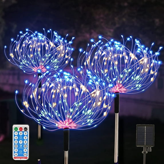 Torubia Solar Outdoor Garden Lights, 3Pcs 360LED Solar Firework Lights 8 Modes Waterproof with Remote Control, Multicolor Starburst Fairy Lights for Pathway Backyard Patio Christmas Lawn Wedding Decor