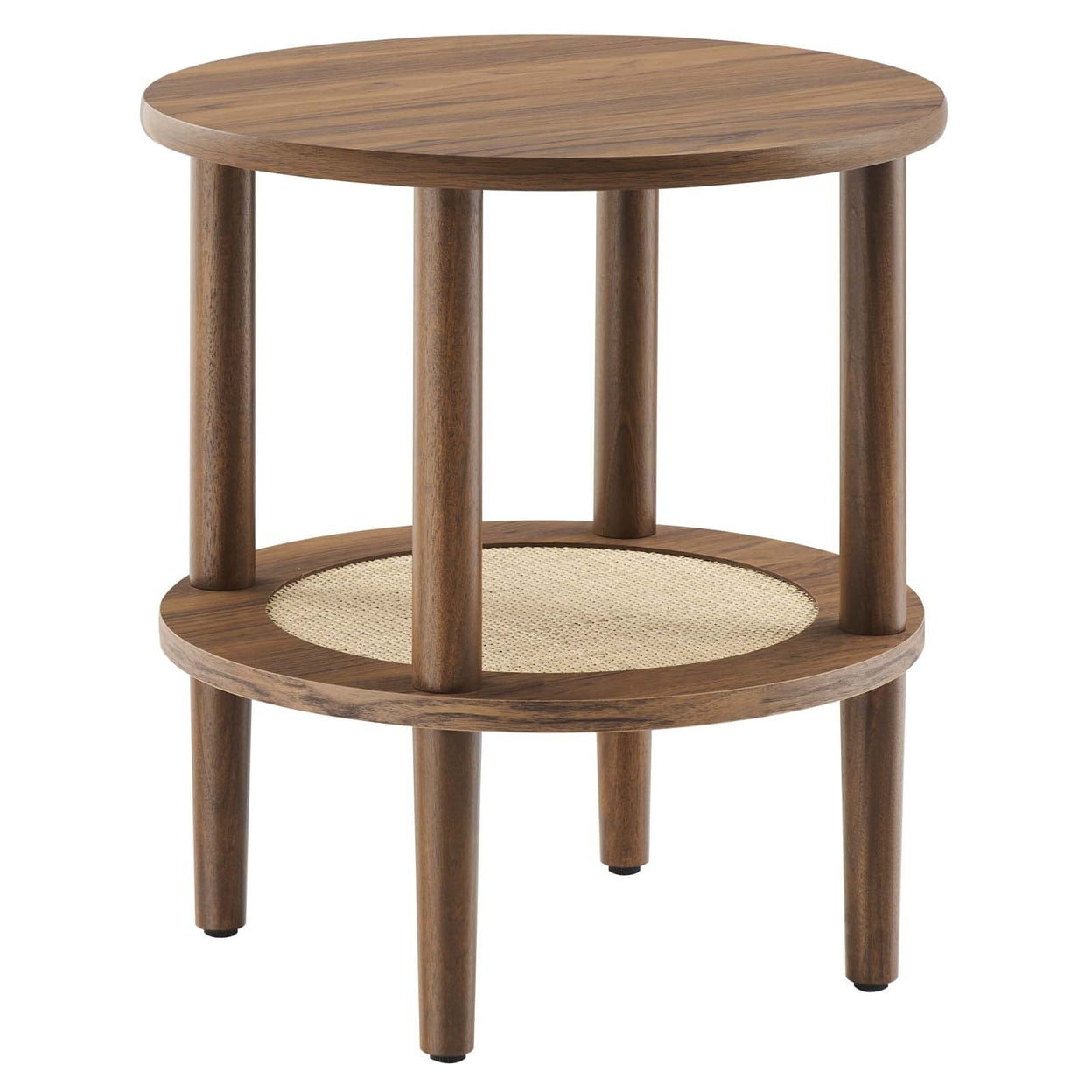 Walnut Round Wood Side Table with Rattan Shelf