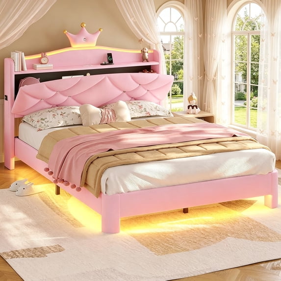 Torveric Full Size Bed Frame with LED Lights, Upholstered Platform ...
