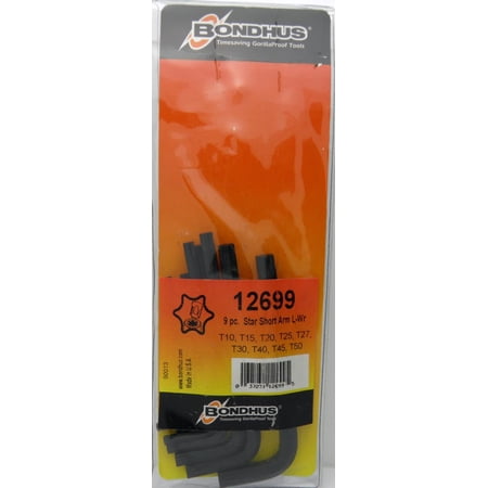 Torx®/Star Tip Short Arm L-Wrench Set, 9pcs T10 to T50, Protanium® High Torque Steel With Proguard™ Finish, Comes In Plastic Pouch - Bondhus® USA