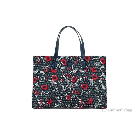 Tory Burch Women's Large Nylon Floral Printed Tote (Navy / Red)