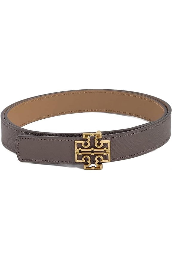 141739 Britten Logo Clam Shell Grey/Tiramisu Light Brown With Gold Hardware Reversible 1 Inch Women's Belt Size Medium