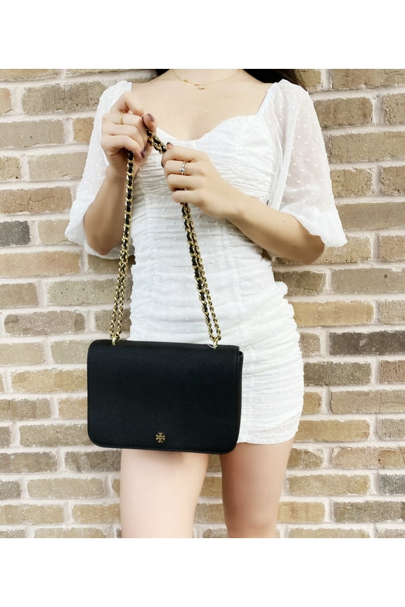 Women's Emerson Saffiano Leather Medium Adjustable Shoulder Bag (Black)